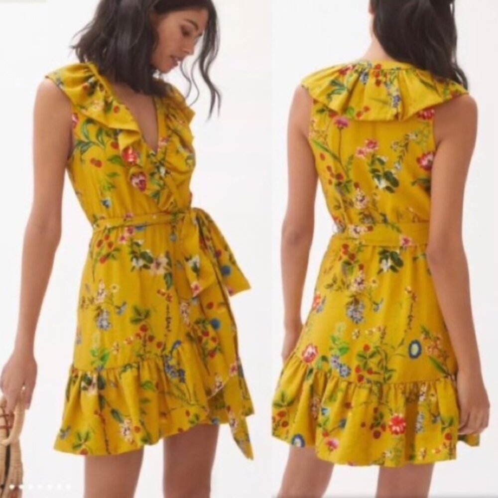 Anthropologie Maeve Floral Faux Wrap strawberry Gold Mustard Yellow Dress